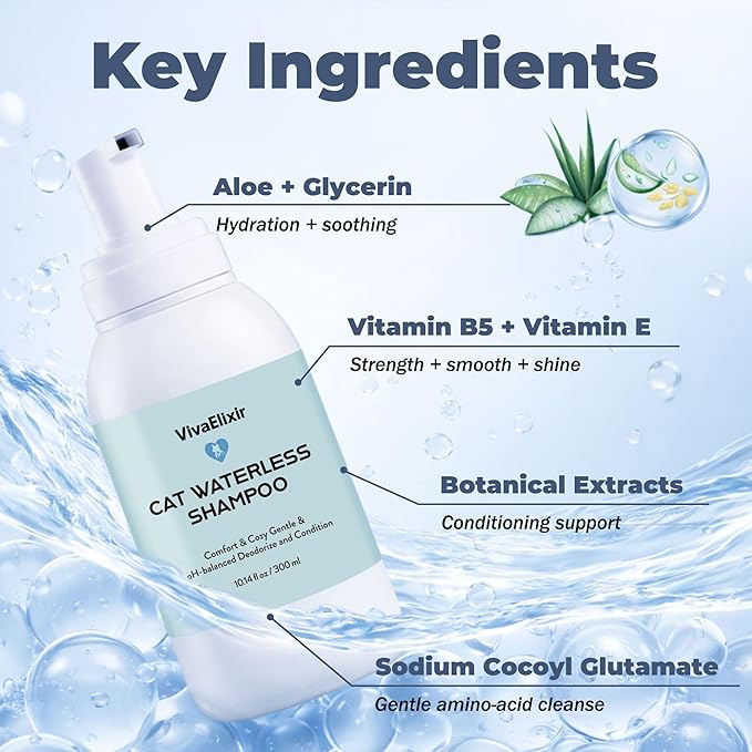 Cat Shampoo & Conditioner 2-in-1, waterless Bath — Hydration & Itch Relief — Detangles & Soothes Dry Skin, Anti-Static — Oatmeal, Aloe, Silk Protein — Low-Residue & pH-Balanced — 500 mL + Glove