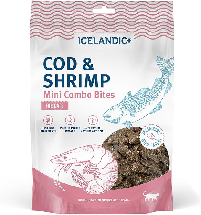 Icelandic+ Mini Combo Bites: Cod & Shrimp - 1.7oz Bag - Cat Treats, .25" Crunchy Bites, 2 Ingredient Natural Pet Snacks, No Fillers, Wild-Caught Fish (Pack of 2)