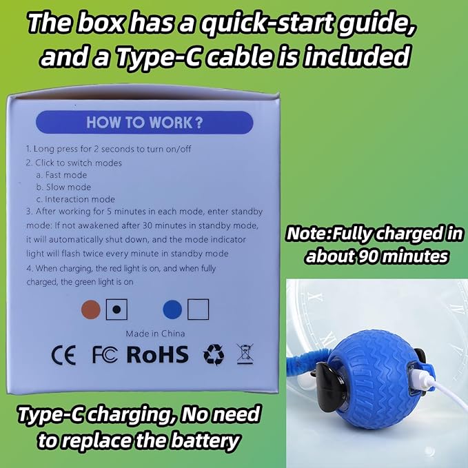 GoldenLife Interactive Cat Toys for Indoor Cats, Hamster Ball with Speedy Tail 2.0, Safe Silicone，3 Modes (Speed/Light) & Type-C Charging, Durable Moving Dog Toy for Indoor Cats/Dogs (Blue)