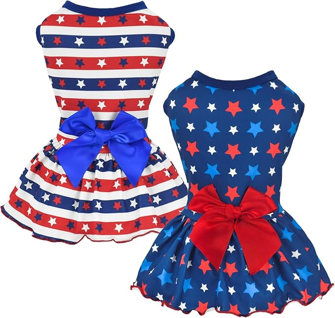 2-Pack 4th of July Dog Dress Independence Day Puppy Cat Dresses USA Flag Pet Clothes Costume Dog Stripes Stars Outfits Skirts for Small Medium Dogs M
