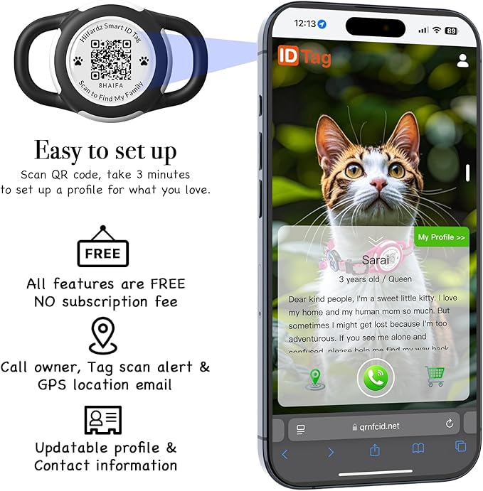 Cat Collar with Airtag Holder & QR Code Tag, Reflective Breakaway Kitten Collar with Quick Release Buckle, Adjustable Nylon Safety Collar for Indoor Outdoor Cats (Black)