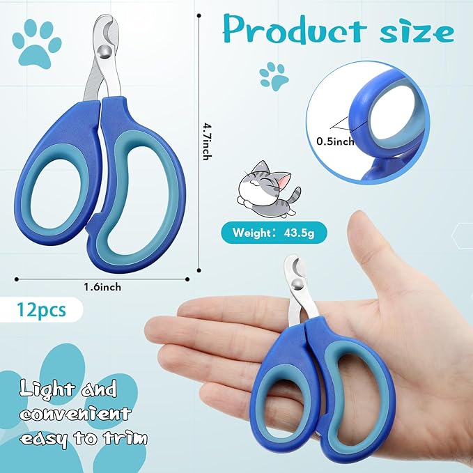Therwen 12 Pcs Cat Nail Clipper Bulk Cat Nail Trimmer Kitten Claw Clippers Pet Nails Cutter Claw Care for Cats Kittens Bunny Puppy Rabbit Gatos Sharp Safer (Moon-Shaped,Multiple Colors)