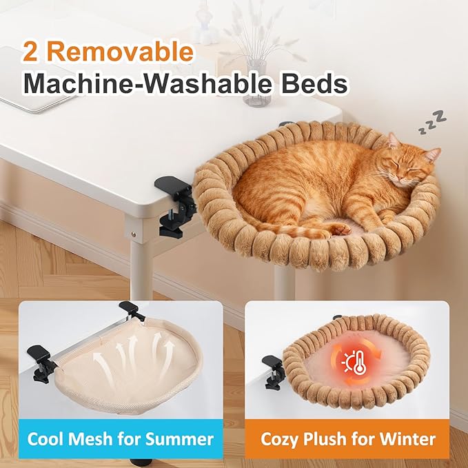 Pawow Large Cat Desk Bed, 90° Foldable Space-Saving & Sturdy Dual-Clamp, 2 Washable Covers(Faux Fur & Mesh), Metal Frame, Supports up to 40 Lbs, Pet Perch Desktop Hammock for Small to Large Cats