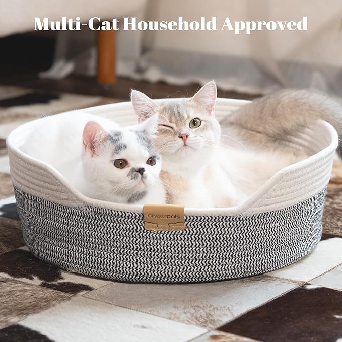 CHEERHOME PETS Cat Bed Basket with Cushion, Cotton Rope Woven Pet Bed for Indoor Cats Couch, Stimulicat Cat Bed Handwoven Breathable, All Season Universal (Grey)