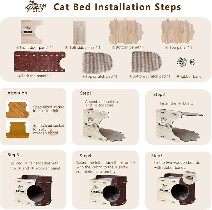 GONPETGP Cat Beds for Indoor Cats, Cat House Cave with Wooden Play Ball Scratch Pad, Detachable Felt Cat Condo Hideaway for Multiple Small Pets and Kittens