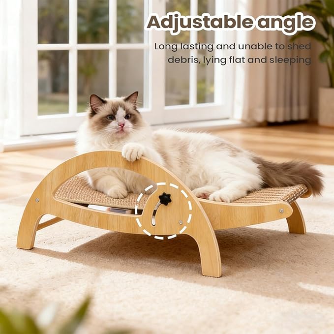 Cat Scratcher Couch, Pet Scratch Lounge, Wooden Frame Recliner, Sisal Claw Panel Adjustable Back Support, Furniture Protector Space Saving Design, Indoor Kitten Resting Bed Carpet