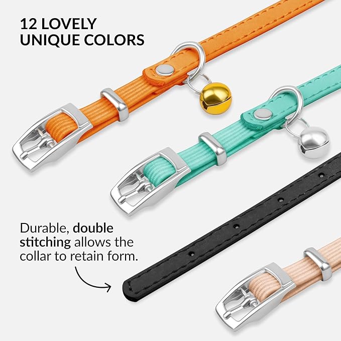 CollarDirect Leather Cat Collar with Removable Bell – Safety Elastic Strap (Breakaway Alternative) – Kitten Collar for Small & Big Boy & Girl Cats