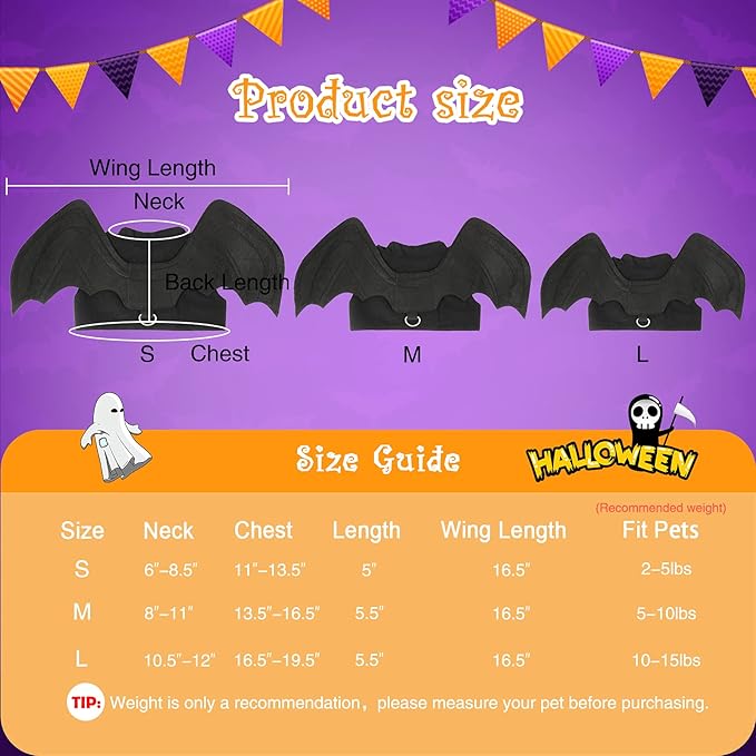 RYPET Dog Halloween Costume - Halloween Bat Wings Pet Costumes for Dogs Cats Halloween Party Medium