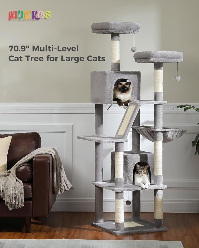 MUTTROS Tall Cat Tree 70.9", Large Cat Tree for Indoor Cats, Multi-Level Plush Cat Condo with 6 Scratching Posts, 2 Scratching Boards, 2 Perches, 2 Caves, Hammock, 2 Pompoms, Gray