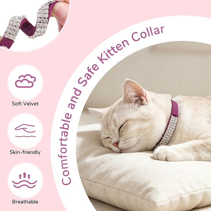 BINGPET Diamond Cat Collar with Bell, Adjustable Soft Velvet Bling Rhinestone Cat Collar, Sparkly Kitten Collar with Safety Elastic & Metal Buckle for Small Medium Cats