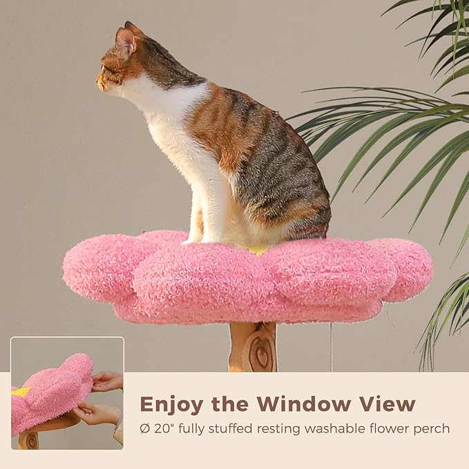 MUTTROS Wood Cat Tree with Flower Perch, 53.5" Modern Cat Tower w/Natural Solid Wood Scratching Post (φ3.8in), Large Heavy Duty Forest Cat Tree Furniture w/2 Condos for Indoor & Multi-Cat Household