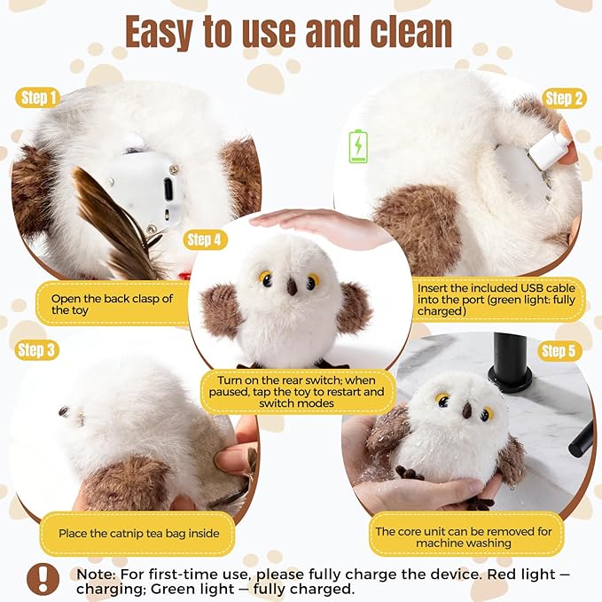 Cat Toys Flapping Bird Titmouse, Interactive Cat Kicker with 3 Modes, Touch Activated, Catnip Pouch, USB Rechargeable, Washable Plush Cover for Indoor Cats