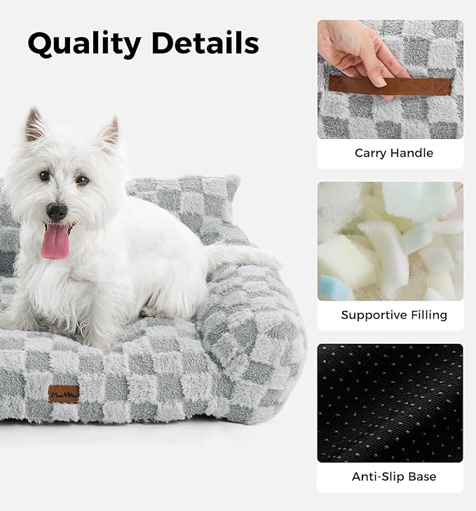 Made4Pets Cat and Dog Indoor Couch Bed, Soft Faux Fur Checkered Pet Sofa, Cozy Fluffy Pet Sofa with Supportive Foam, Removable Washable Cover with Non-Slip Base, Grey, Medium