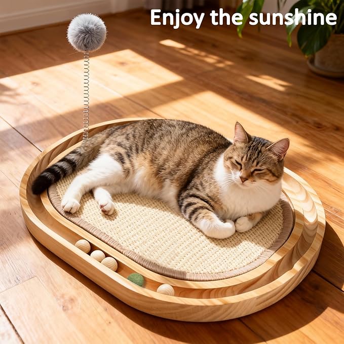 Natural Sisal Cat Scratcher Pad with Wooden Cat Ball Track Toy Interactive Cat Toys for Bored Indoor Adult Cats Kitten Toys for Chasing Hunting & Physical Exercise Puzzle Cat Scratching Pads