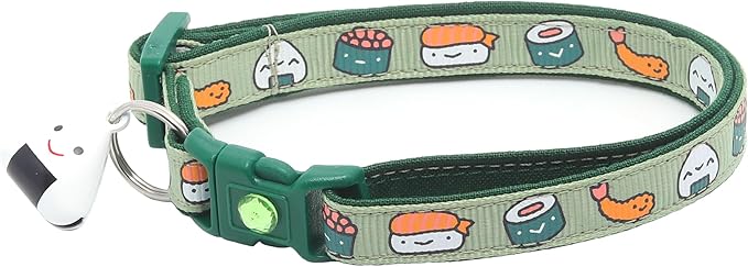 Sushi Cat Collar with Onigiri Bell | Adjustable Large Size or Kitten Collar | Safety Breakaway Collarr (Large(10lbs & Up), Wasabi Green)