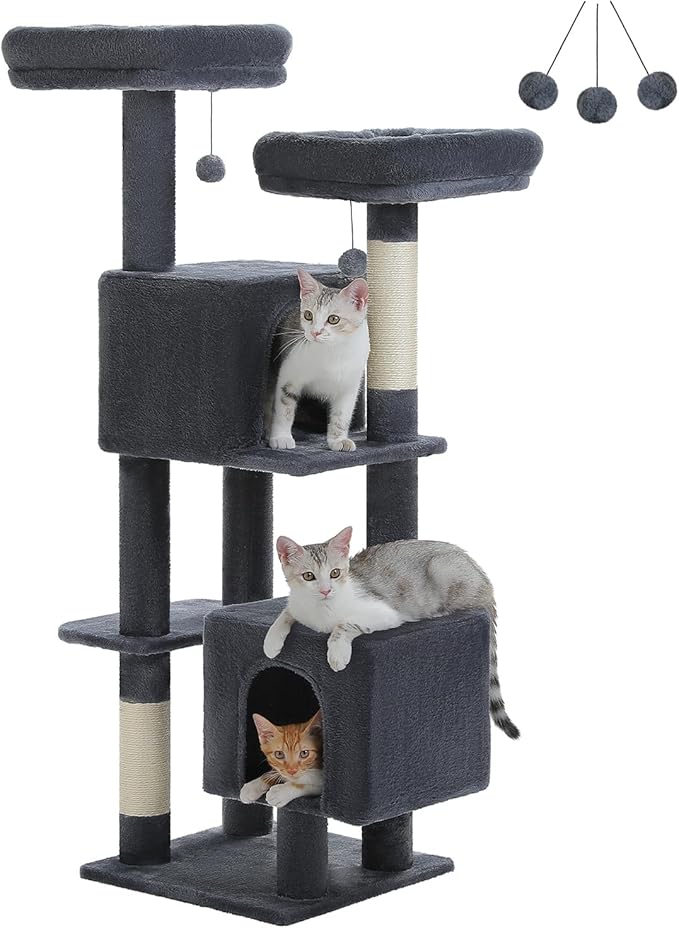 MUTTROS Cat Tree, 52.4" Multilevel Cat Tower for Indoor Cats, Plush Cat Tree House with 2 Padded Perches, 2 Condos & 2 Scratching Posts, Dark Gray