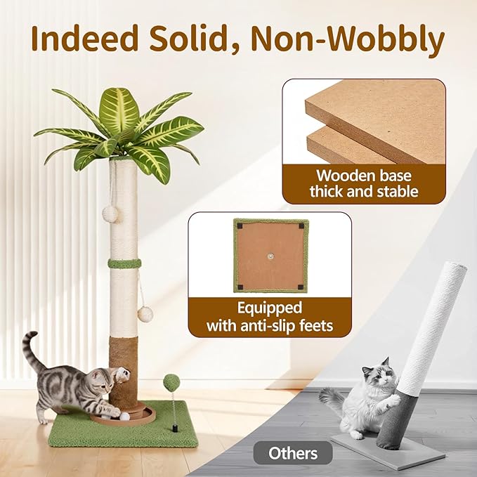 Cat Scratching Post Tall Vertical for Indoor Cats, 35" Palm Tree Leaves Sisal Pole for Large Cats Kittens, Heavy Duty Wooden Carpet Pole with Interactive Track Balls, Furniture Protection