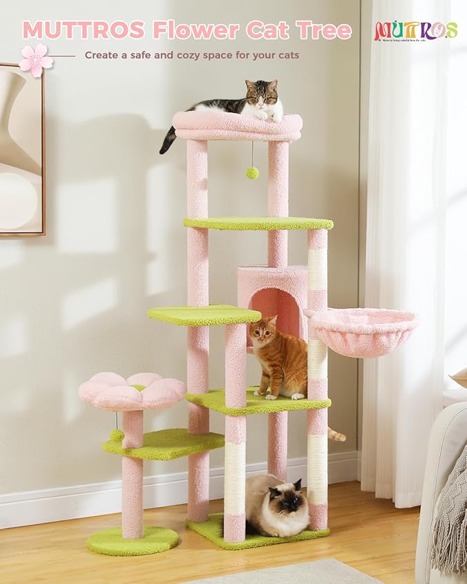 MUTTROS 59" Flower Cat Tree, Tall Cat Tree for Large Cat, Multi-Level Cat Tower, Cute Cat Tree for Indoor Cats, Cat Condo with Large Hammock, Scratching Post, and 2 Perches, Pink