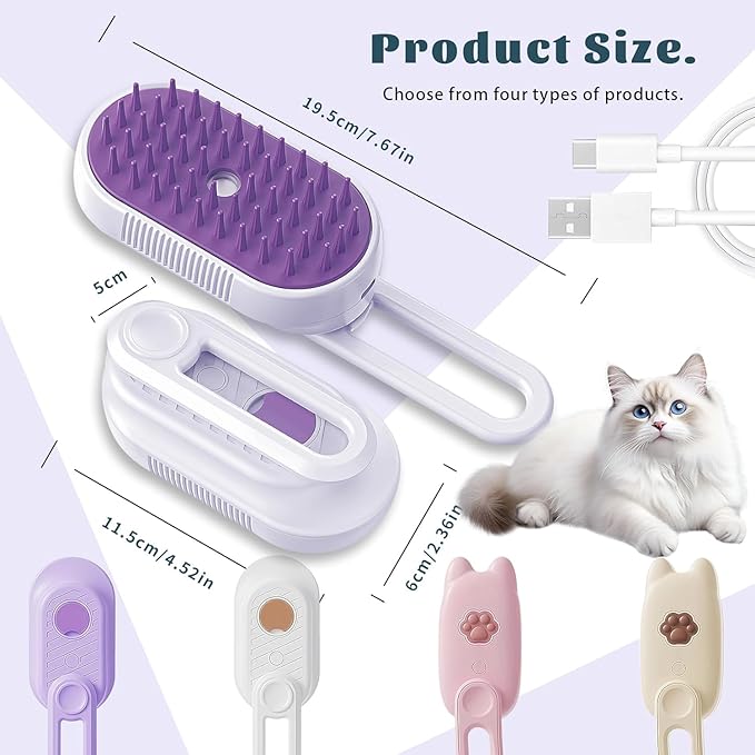 Cat Brush Cat Steam Brush Rechargeable Steamy Pet Grooming for Shedding, Water Spray Massage Brushs, Dog Hair Removal Self Cleaning Brushs Steamer Wet Spa Comb (Purple)
