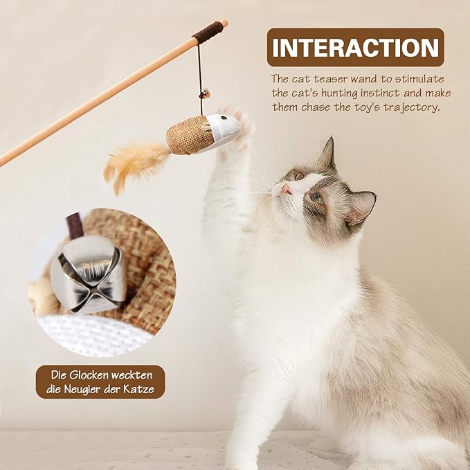 3-Piece Natural Wooden Cat Teaser Wand Toy Kit with 5 Silvervine Sticks and Elastic String Cat Pole Toy with Bell and Feather