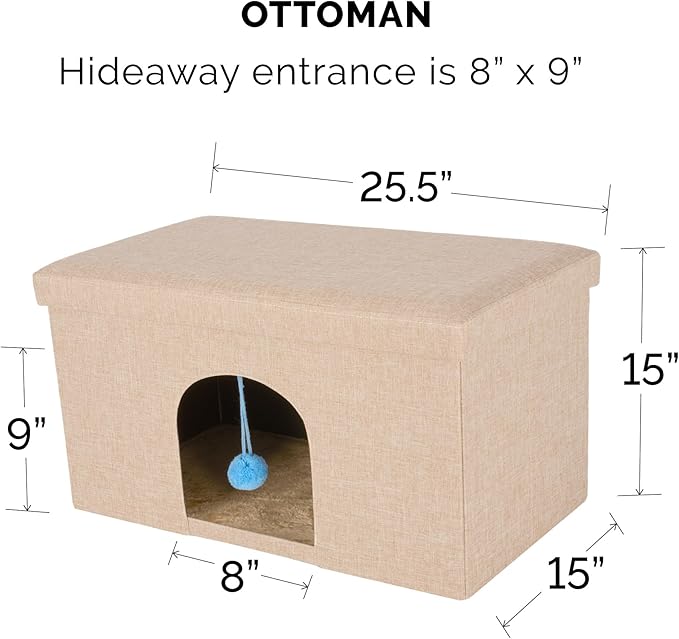 Furhaven Pet House for Indoor Cats & Medium/Small Dogs, Collapsible & Foldable w/Plush Ball Toy - Living Room Ottoman Cat Condo - Sand, Large