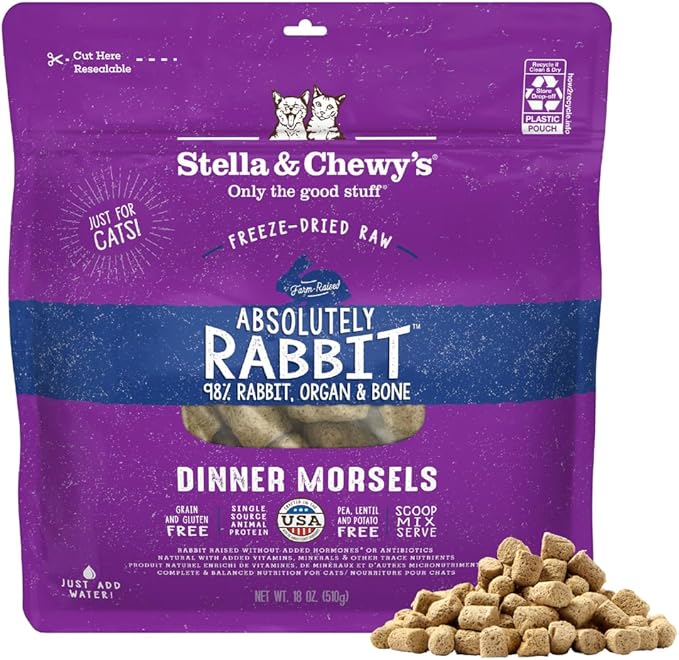 Stella & Chewy's Freeze-Dried Raw Cat Dinner Morsels - Premium Rabbit Recipe with 98% Responsibly-Sourced Meat & Organs - Natural Grain-Free Cat & Kitten Food - Made in USA - 18oz