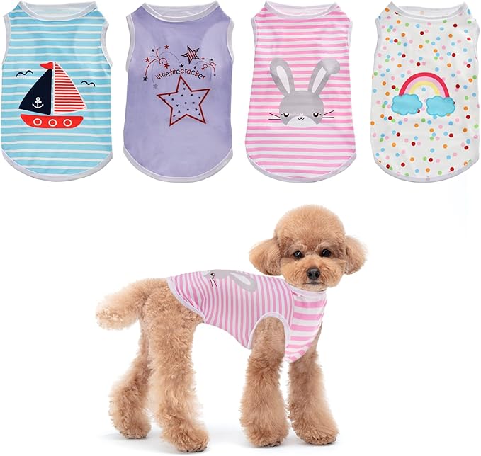 4Pcs Puppy Cat Shirts Dog Polka Dot Vest Dog Stripe Sleeveless T-Shirt Pet Soft Vest Breathable Clothes for Small Medium Dog Puppy Kitten Cat Middle-L