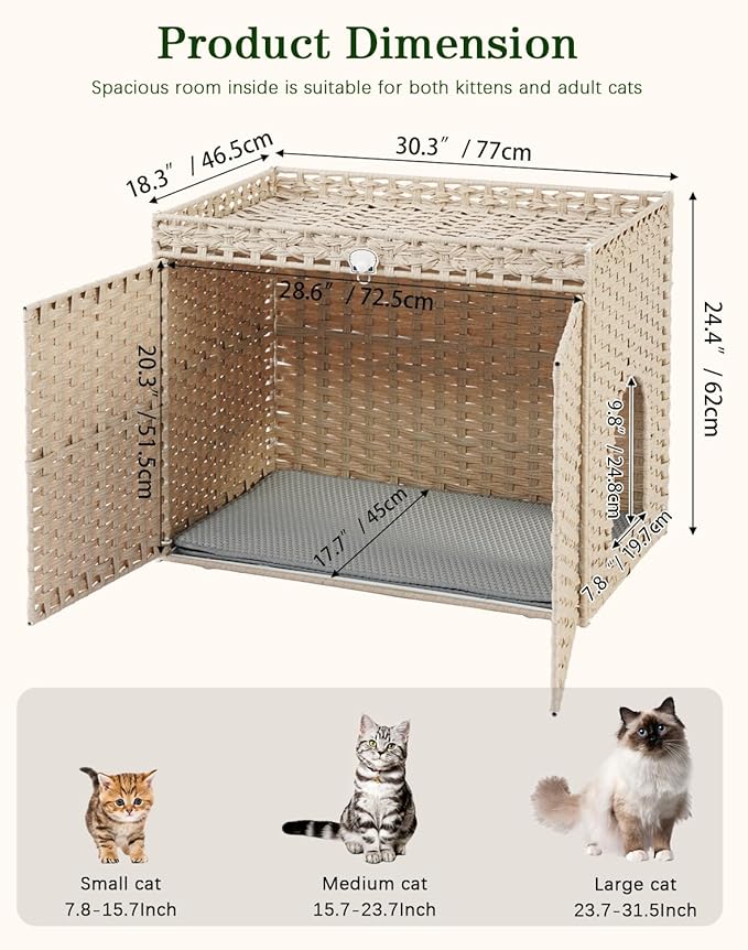 SETVSON Cat Litter Box Enclosure Furniture, Hidden Litter Box, Cat Litter Box Cabinet with 2 Litter Mats, Handwoven Rattan Large Space Cat House Indoor, Living Room, Bedroom, Apartment Light Khaki