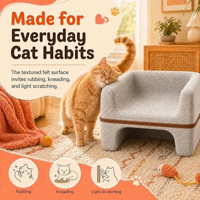 Cat Bed for Indoor Cats, 2-Tier Cat Cave Bed with Top Lounge & Lower Hideaway, Washable PET Felt Cat Sofa for Living Room, Bedroom, Apartment, Scratch-Friendly Cat Furniture, Light Gray