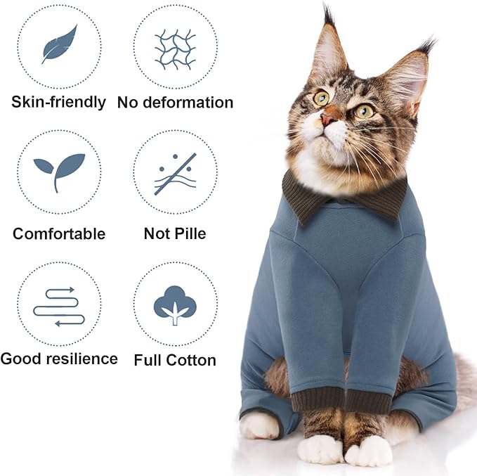QBLEEV Sticky Hair Cat Clothes, Soft Cat Pajamas for Cats Only, Prevent Lost Fur Kitten Sweater Onesie, Stretchy Recovery Suit for Female Male Cats After Surgery Daily Wear, Sky, XL