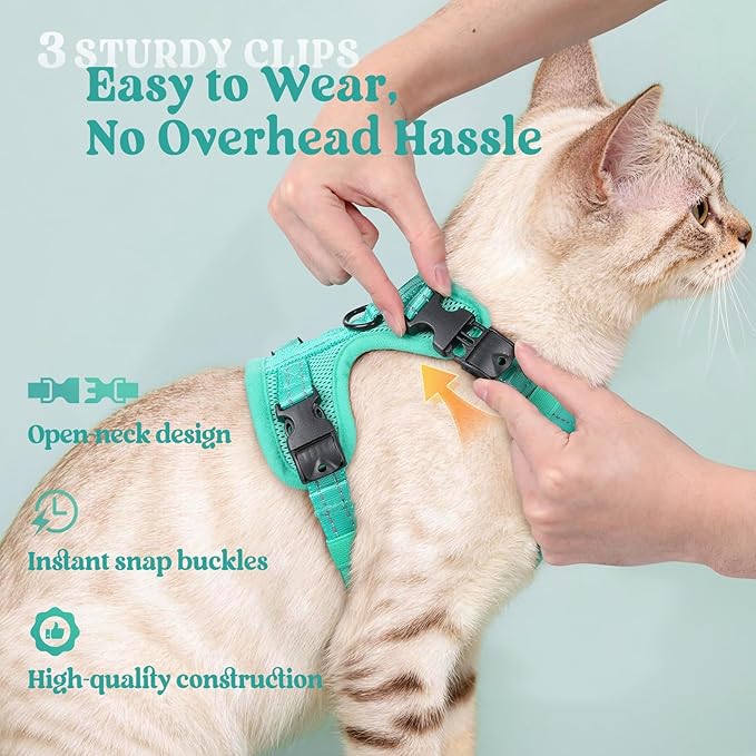 rabbitgoo Cat Harness and Leash, Escape Proof Vest with 3 Adjustable Buckles, Soft Comfortable Kitten Harness, Easy to Wear, Reflective for Safe Outdoor Walking, Small, Green