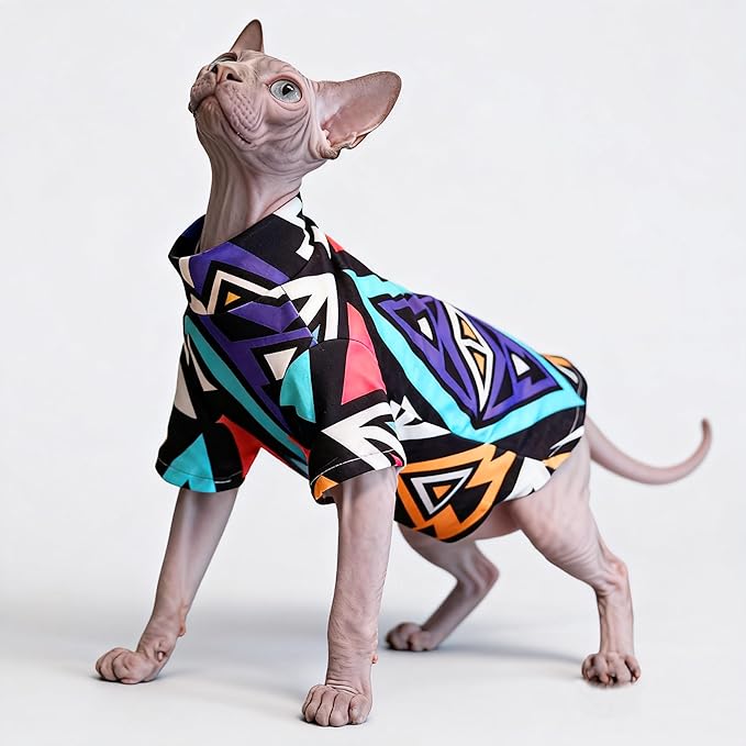 Sphynx Cat Clothes Shirts for Hairless Cat,Graphics Printed Kitten Apparel Clothes for Cats Only,Soft Sphinx T-Shirts Sweatshirt with Sleeves for Cornish Rex, Devon Rex,Geo Pop,S