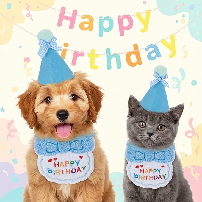 Tyqour Cat Birthday Hat Birthday Hats for Stuffed Animals Dog Party Hat Birthday Party Decorations Set for Small Medium Cats & Dogs (Blue)