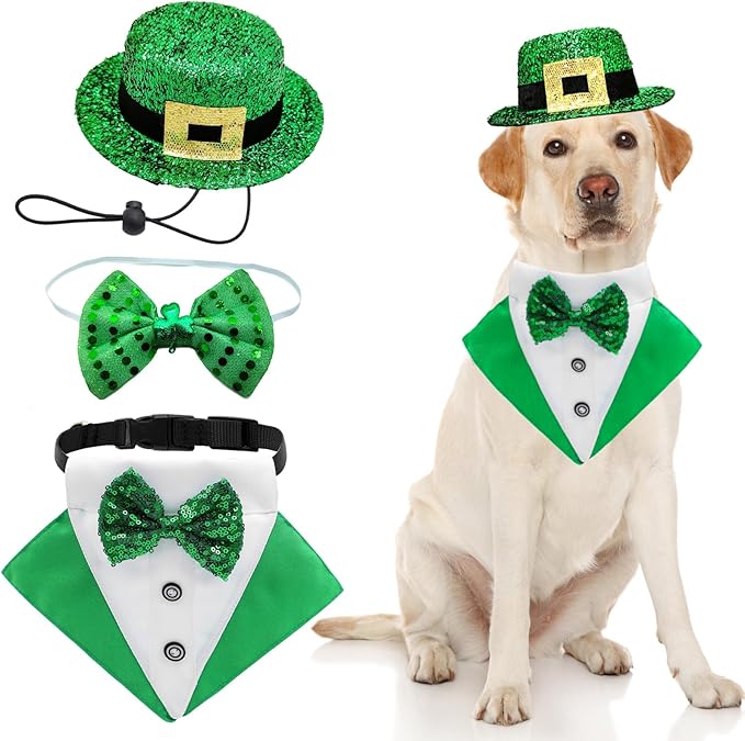 St.Patrick's Day Dog Costume 3Pack Puppy Bandana Top Hat Green Shamrock Bow Tie Collar Adjustable Pet Scarf Formal Tux Clothes Irish Tuxedo Outfits for Dogs Cat Dress (3Pcs Irish Hat Tux Bow, Large)