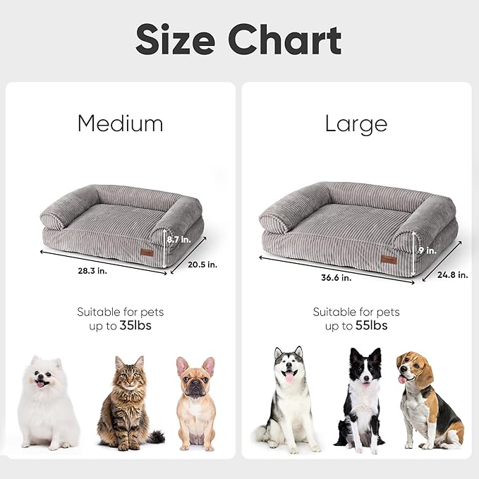 FUKUMARU Dog Couch Bed, Corduroy Cozy Cat Bed for Indoor Cats with Washable Cover, 28in Waterproof Orthopedic Dog Beds Sofa for Small Dogs and Large Cats, Cute Warm Cotton Pet Sofa, Grey