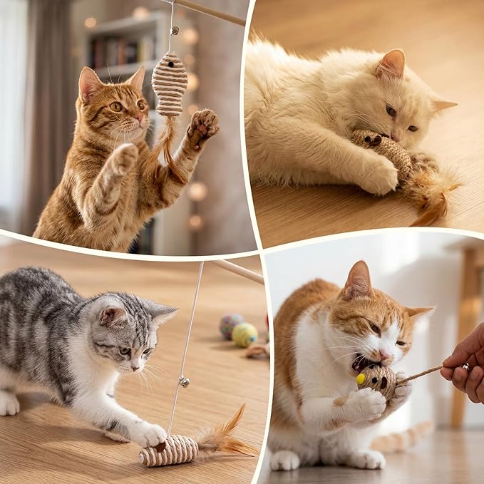 Leitee 16 Pcs Cat Interactive Toys Set Wooden Cats Teaser Wand Toy with Feather Handle Chew Rope Mouse Sisal Balls with Bells for Indoor Kitten Play Chase Exercise (Wooden Cat Wands Toys)