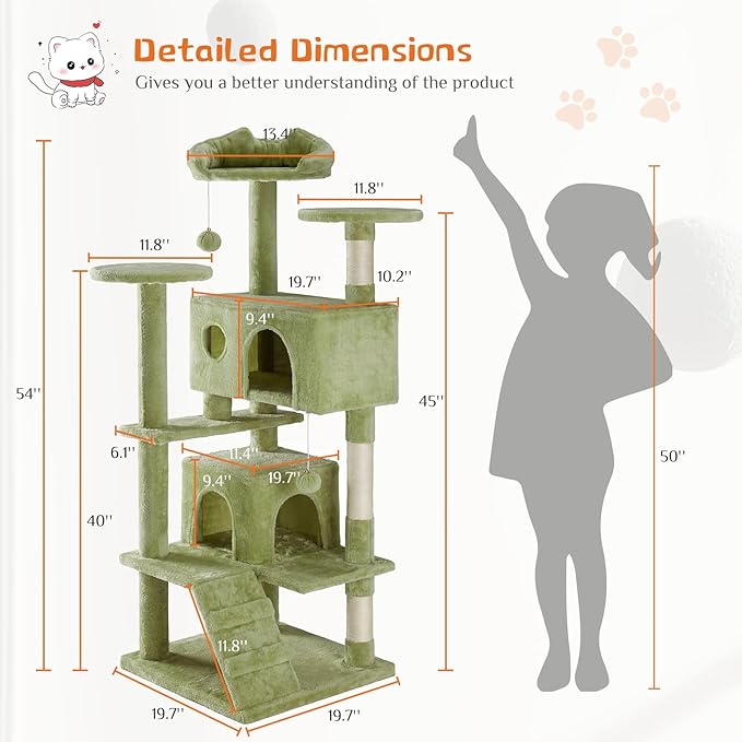 Cat Tree 54 Inch, Multi-Level Cat Tower with Condo, Perches, Sisal Scratching Posts and Climbing Ladder, Pet Play Toy Balls House for Indoor Cats, Green