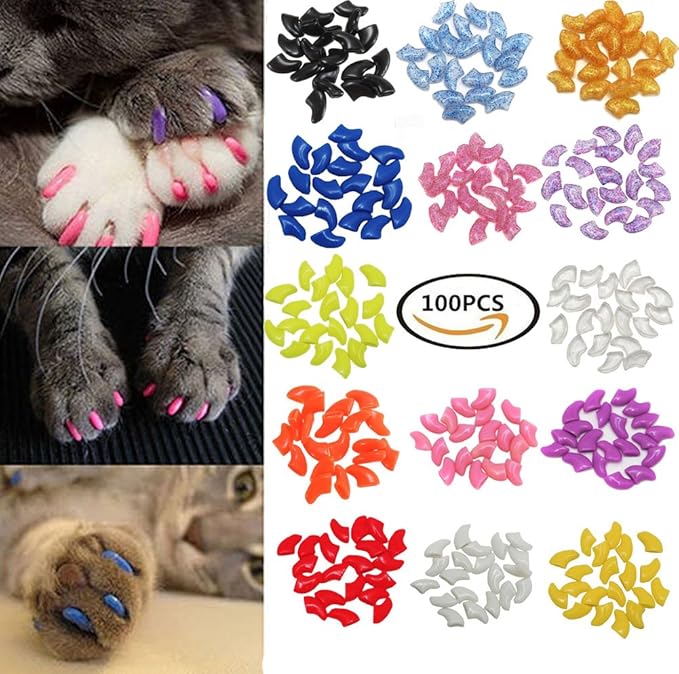 VICTHY Cat Nail Caps, 100pcs Medium Size 5 Colors with Glue and Applicators, Safe and Non-toxic, Prevents Scratching Furniture and People, Protects Cats' Claws, Helps Avoid Scratch Diseases