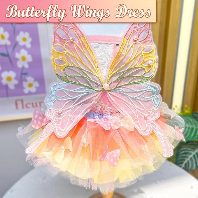 BAMY Butterfly Wings Dog Dress Summer Pet Wedding Skirt Lace Princess Tutu Cute Party Cat Outfit for Small Medium Dogs (Colorful, L (Chest 19.7inch/ 50cm))