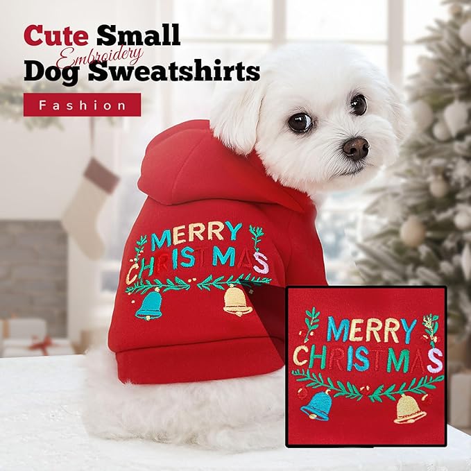 ABRRLO Small Dog Hoodie Clothes Red Christmas Dog Outfit Warm Fleece Dogs Sweater for Small Dogs Cat Boy Girl Cute Puppy Sweatshirt with Leash D Ring Xmas Doggy Costume Chihuahua Yorkie Shihtzu(Red,M)