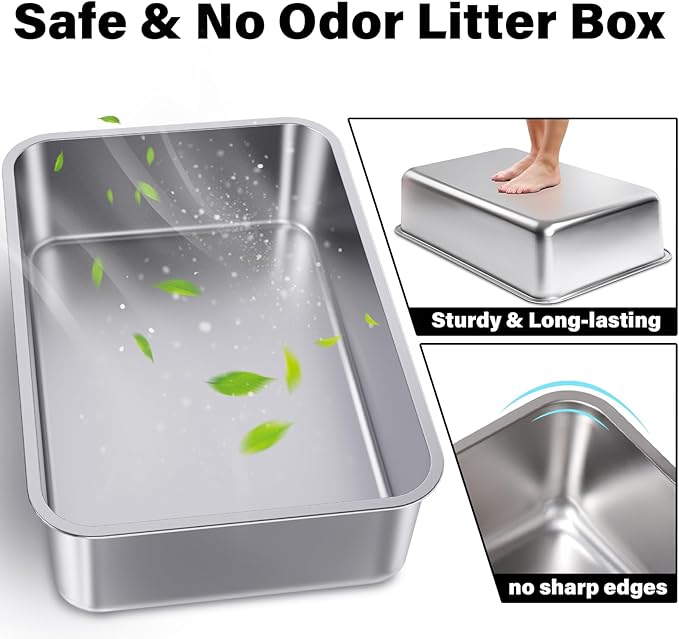 Stainless Steel Litter Box-Metal Litter Box Large for Cats Easy to Clean,Large Metal Cats Box Litter, Litter Boxes for Cat/Kitty/Rabbits,Non Stick, No Smell