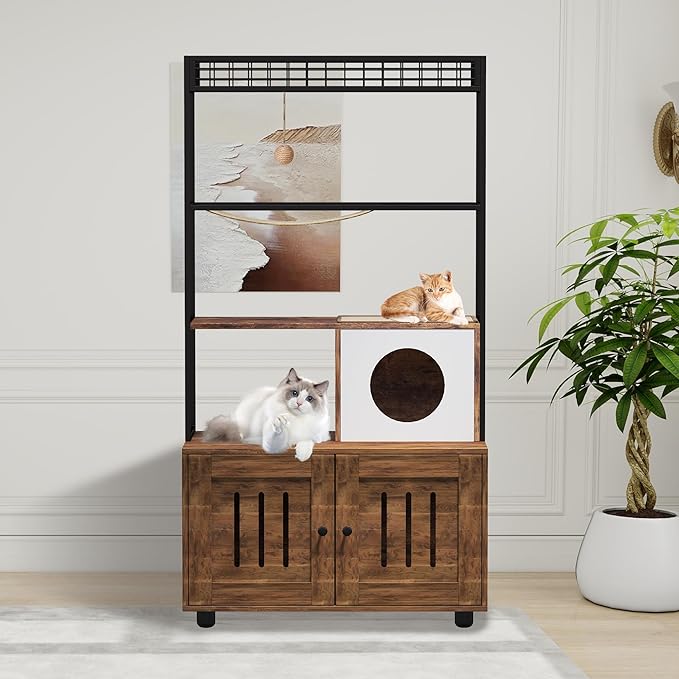 GarveeHome Cat Tree with Litter Box Enclosure, Large Wood Cats Cabinet with Storage Shelf, Condo, Hammock and Play Ball, All-in-one Corner Dog Proof Cat Bed Furniture