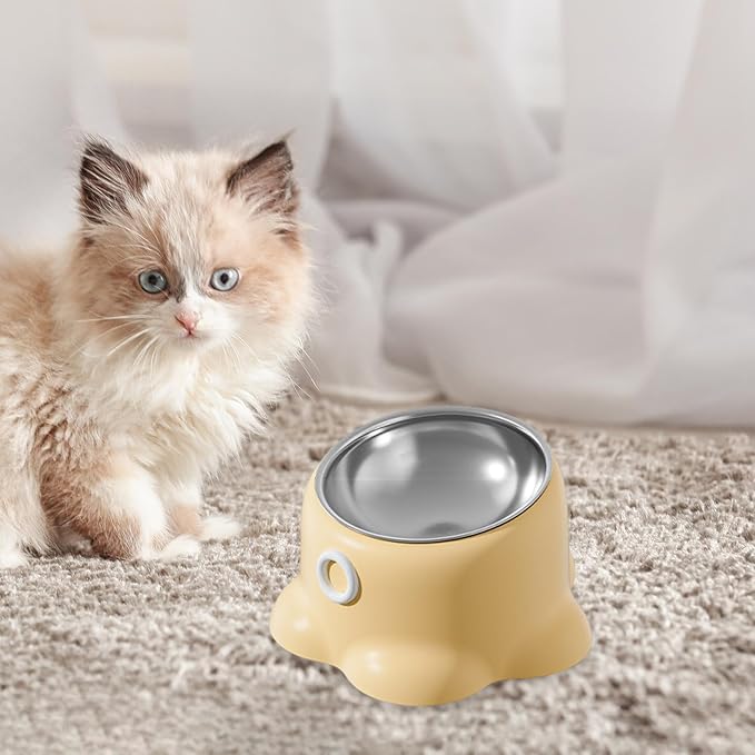 Gralara Tilted Cat Feeder Bowl, Feeding Dish Home Indoor Watering Versatile Food Dispenser, Removable Stainless Steel Bowl for Puppy, Yellow