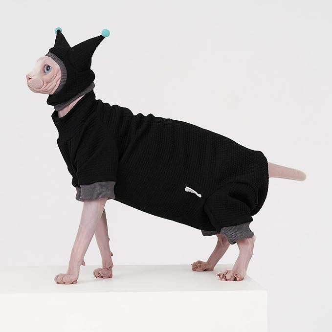 Sphynx Cat Clothes Waffle Pattern Suit, Cute Pet Hat and Shirt Set, Hairless Cat Devon Cornish Pink and Black Suit, (X-Small, Black)