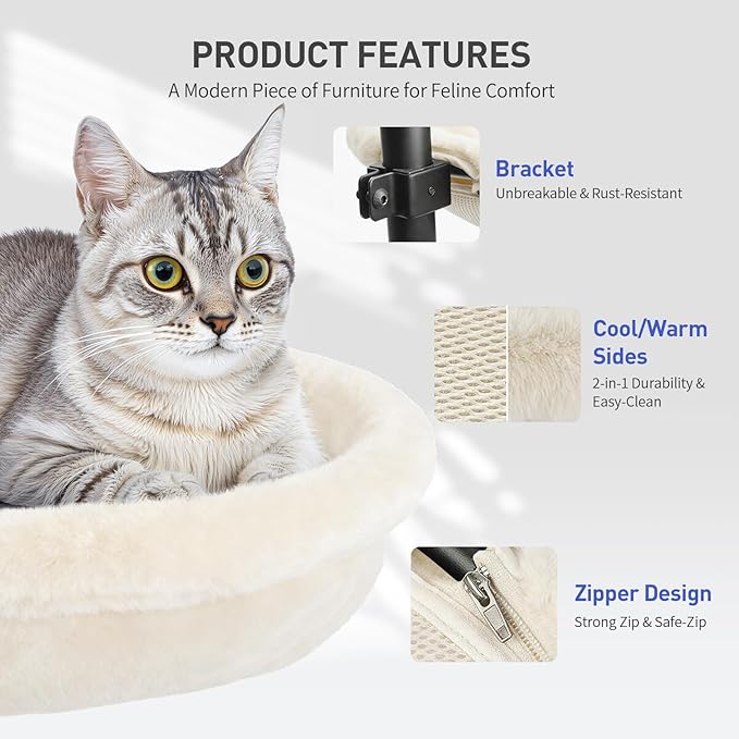 Cat Desk Bed, 360° Swivel Adjustable Height Cat Bed, Space-Saving Heavy Duty Steel Clamp-On Various Desktops, Soft Rabbit Faux Fur with Dual-Sided Reversible Mat, Cats Desk Hammock for Large & Kitten