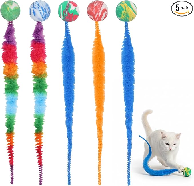 Skrfren 5 pcs Interactive Cat Worm Toys Balls, Bouncy Balls for Cats Colorful Bouncy Ball with Fuzzy Tails Rainbow Worm Cat Toy for Cats Pet Party Favors, Promotes Active Play