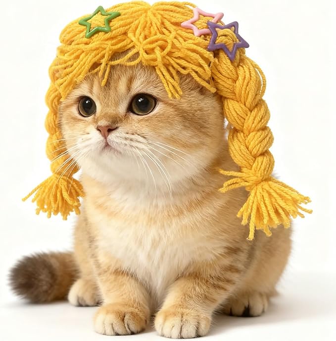 Cat Wig for Small Dogs & Pets, Cute Braided Yarn Costume, Funny Birthday Outfit Clothes, Soft Lightweight Accessory for Photos, Party Props and Daily Wear (Yellow)