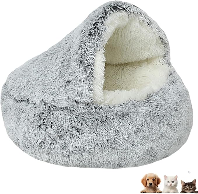 Cat Bed Round Fluffy Hooded Cat Bed Cave Puppy & Kitty,Cat Bed Round Plush Fluffy Hooded Cat Bed Cave, Cozy Cocoon Dog Bed Winter Warm Long Plush Cozy Nook Dog Bed.,19.7IN,Grey