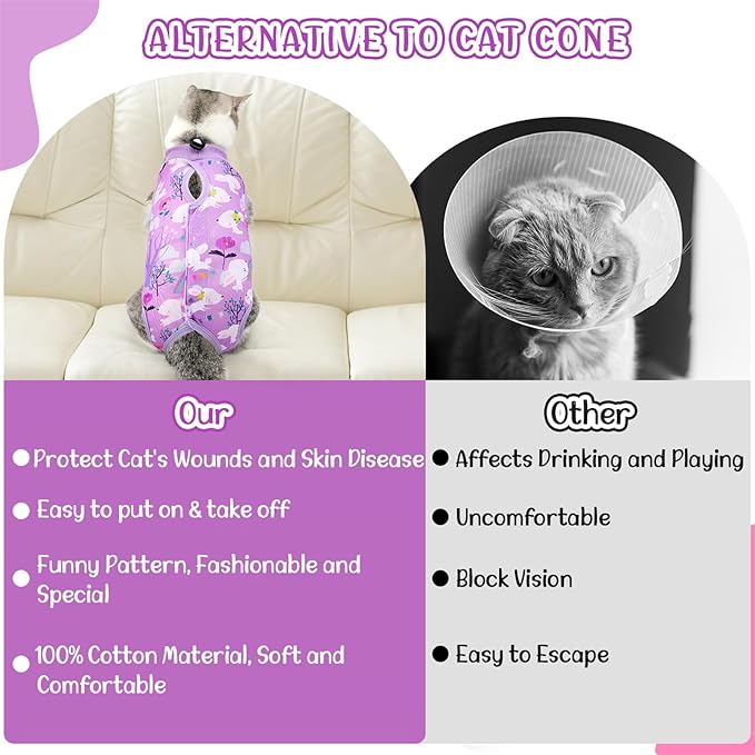 SlowTon Cat Recovery Suit - Cat Onesie for Cats After Surgery Female Male, Kitten Clothes Cats Surgical Spay Suit Abdominal Wounds, E-Collar Alternative Bodysuit Shirt Anti-Licking (Purple, M)