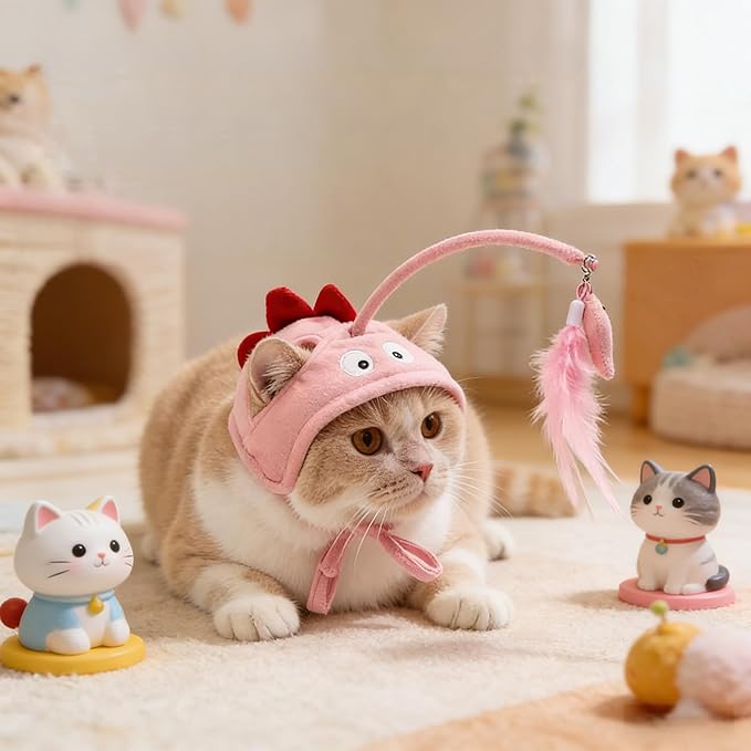 Cat Hat Toy Feather Wand Teaser Cat Toys (Pink)